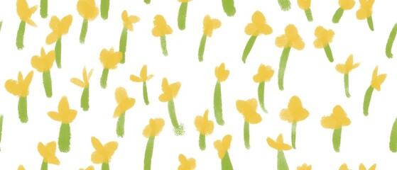 Seamless abstract botanical pattern. Yellow flowers on white background. Digital brush strokes. Design for textile fabrics, wrapping paper, background, wallpaper, cover.