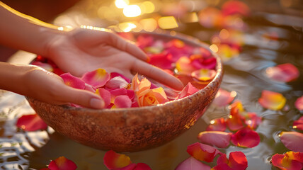 Woman's hands with a bowl of floating flower petals.