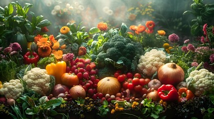Obraz na płótnie Canvas Abundant Organic Garden Vibrant Display of Fresh Vegetables and Fruits Highlighting Health and Natural Colors