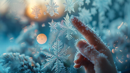 Hand touching a frosty snowflake on a branch.