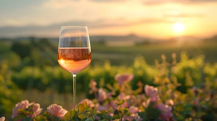 Fotobehang a chilled glass of rose wine in a tuscan vineyard, in morning sunrays, © gronalb