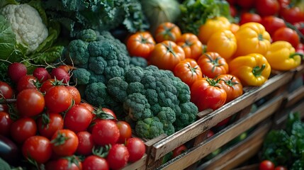 Fototapeta na wymiar Fresh Tomatoes and Broccoli Star in Vibrant Display at Local Outdoor Market