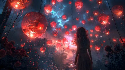 Girl in Ethereal Fantasy World Surrounded by Floating Lanterns and Roses under a Starlit Night Sky