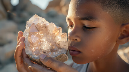 Boy examining a large crystal.