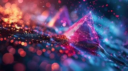 A vibrant abstract representation of network connectivity featuring a glowing geometric shape with a dynamic, particle background.
