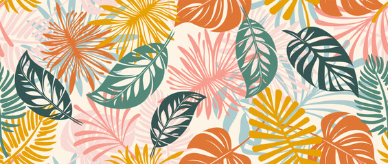 Seamless vector pattern of colorful tropical leaves flowers. Creative arts piece featuring a flat seamless pattern of tropical leaves, flowers, beauty of plant life in vibrant green and orange tones