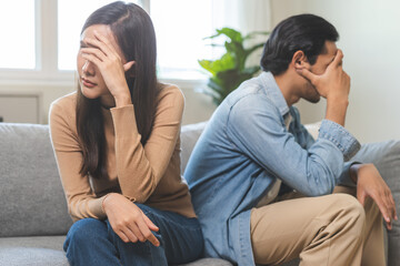 Breakup and depressed, asian young quarrel couple love fight relationship in trouble. Different people are emotion angry. Argue wife has expression upset with husband. Problem of family people. - obrazy, fototapety, plakaty