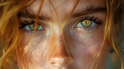 Green-Eyed Beauty Radiates Serenity A Close-Up Portrait with Golden Hues