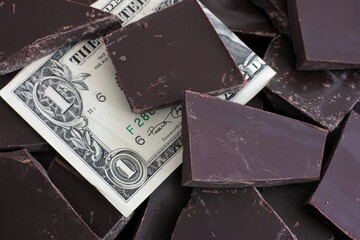 A one dollar bill in a pile of chocolate pieces.