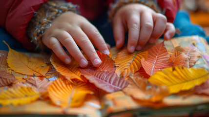 Close-up of a child's hands playing with colorful leaves.