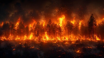 Forest Fire Rages in Night Sky Intense Display of Natures Power