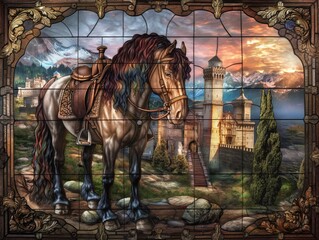 Fototapeta na wymiar A horse is standing in front of a castle. The horse is brown and has a black mane. The sky is blue and the sun is setting
