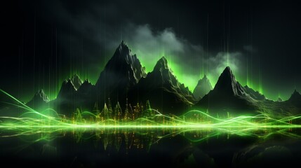 fantasy landscape, glowing green mountains, dark background - obrazy, fototapety, plakaty