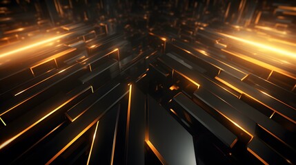 3d rendering of gold and black abstract geometric background. Scene for advertising, technology, showcase, banner, game, sport, cosmetic, business, metaverse. Sci-Fi Illustration. Product display