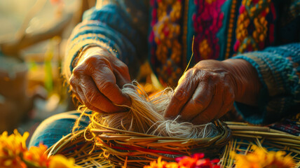 Close-up of elderly hands weaving a basket. - obrazy, fototapety, plakaty