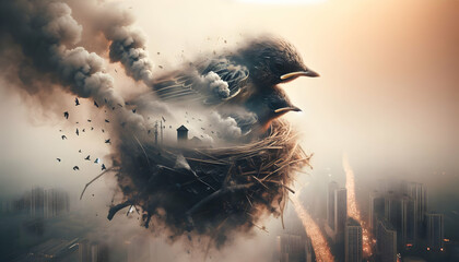 Resilient Nesting Birds Endure Smog-Filled Skies: Double Exposure Close-Up in Pollution - obrazy, fototapety, plakaty