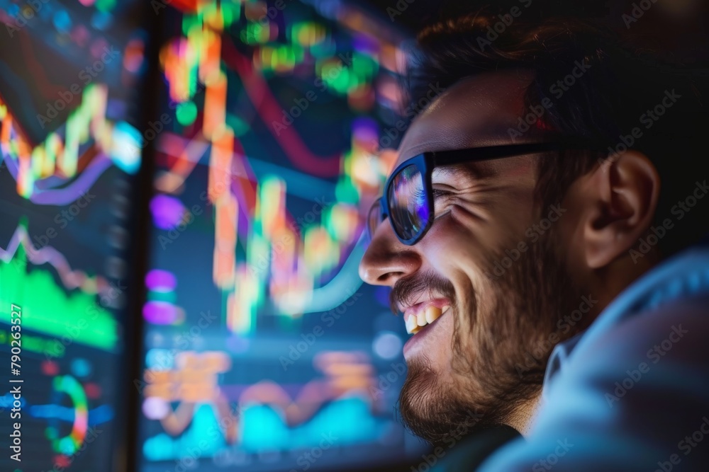 Leinwandbilder a person analyzing multiple screens displaying vibrant stock market graphs and data