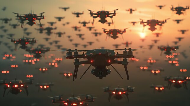 A fleet of unmanned aerial vehicles (UAVs) with glowing red lights flying in a dusky sky, symbolizing technological surveillance or military operation.