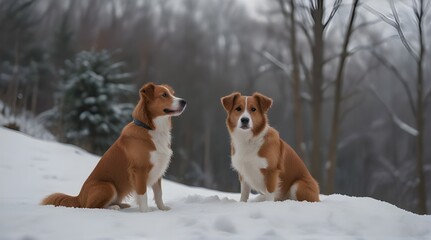 Two dogs perch on a snow covered hill a Nova Scotia .Generative AI - obrazy, fototapety, plakaty