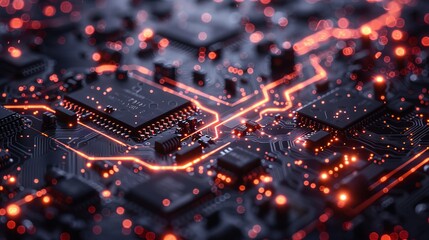 Close-up of an electronic circuit board with red neon lights highlighting connections, symbolizing high-tech and computing power.