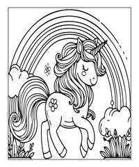 Fototapeta premium Cute unicorn with rainbow. black and white vector illustration for coloring book, Generative AI