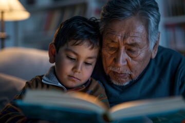 An older man with a contemplative look reads a book to a young boy, highlighting an intergenerational bond