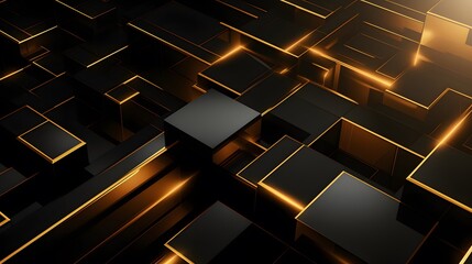 3d rendering of gold and black abstract geometric background. Scene for advertising, technology,...