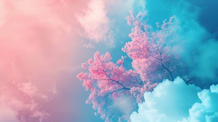 Serene Cherry Blossom Landscape Under a Vibrant Sky with Fluffy White Clouds and Ethereal Lighting Effects