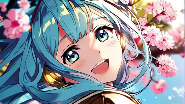  Cute anime  girl, shonen stile, blue hair, floral background