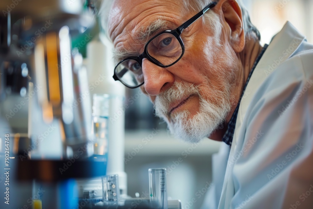 Aufkleber A diligent scientist examines samples under a microscope, engaged in critical research within the clinical setting of a blue-toned lab