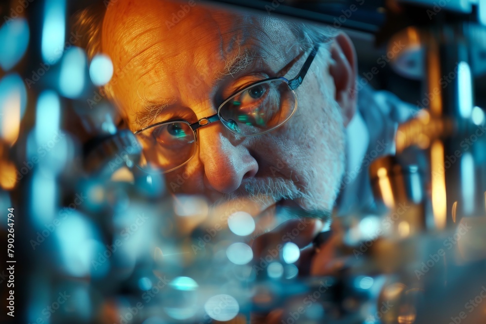 Poster A deliberate blurred face of a scientist amongst the lab apparatus, creating an enigmatic ambiance in a scientific setting