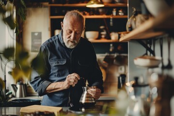 An elderly man in a denim shirt meticulously prepares coffee in a modern kitchen setting