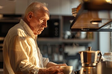 An older man is depicted savoring a freshly brewed coffee in a warmly lit kitchen, creating an inviting and comfortable atmosphere