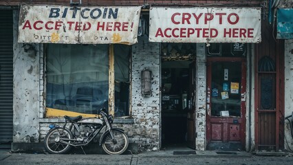 Vintage Storefront Advertising Bitcoin and Crypto Payment Acceptance