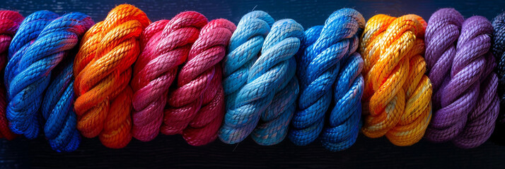 Group rope assorted strength associate organization together collaboration solidarity impart support. - obrazy, fototapety, plakaty