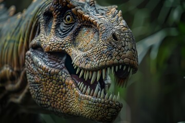 The intense image of a roaring dinosaur model exhibits meticulous details and evokes a primal feeling