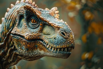 This striking image highlights the rich textures and patterns on a dinosaur head sculpture against a soft bokeh