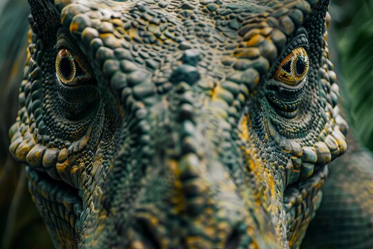 This up-close image of a dinosaur model focuses on the eyes, giving a sense of curiosity and wonder