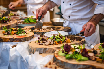 Obraz na płótnie Canvas Plant-based restaurant: Chefs cooking, vibrant vegan dishes, promoting plant-powered cuisine.