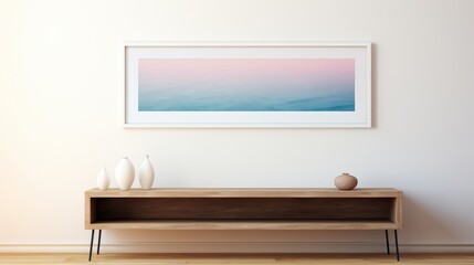 An ethereal landscape photograph of a tranquil beach at sunrise, with muted pastel hues of pink, blue, and violet.