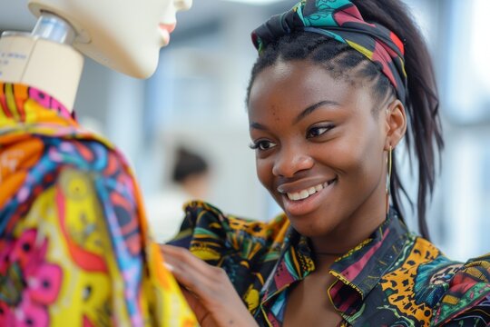 A cheerful African American woman closely examines a vibrant African textile design in a fashion boutique - Powered by Adobe