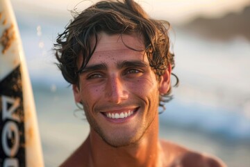 Smiling Surfer with Surfboard at Sunset on the Beach