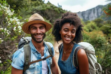 Happy Couple with Backpacks Hiking in the Mountains