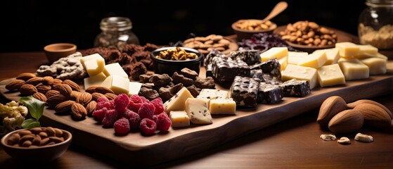 A wooden board with a variety of cheeses, nuts, and fruits.