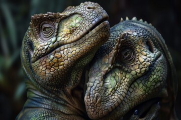 Fototapeta premium Captured is a touching moment between two dinosaur replicas showing what looks like interaction or affection