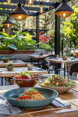 Plant-based restaurant: Chefs cooking, vibrant vegan dishes, promoting plant-powered cuisine.