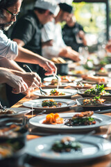 Obraz na płótnie Canvas Plant-based restaurant: Chefs cooking, vibrant vegan dishes, promoting plant-powered cuisine.