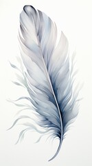 A watercolor painting of a feather in shades of blue and gray.