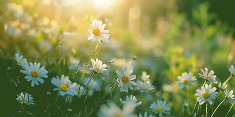 Beautiful wild flowers chamomile.  Daisy field on a clear day Daisies come in white and yellow. and surrounded by green grass surrounded by green nature and shining sun.