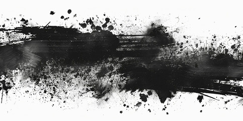 Black ink stencils. Paintbrush, splash, spray, ink splatter and paint marks. Artistic graphic box, black blots, grunge brush strokes and grunge frames for text.